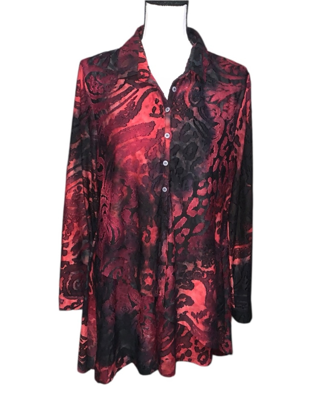 Paris Hues Red Patterned Layered Blouse 1/4 Button Dress Shirt Long Sleeve